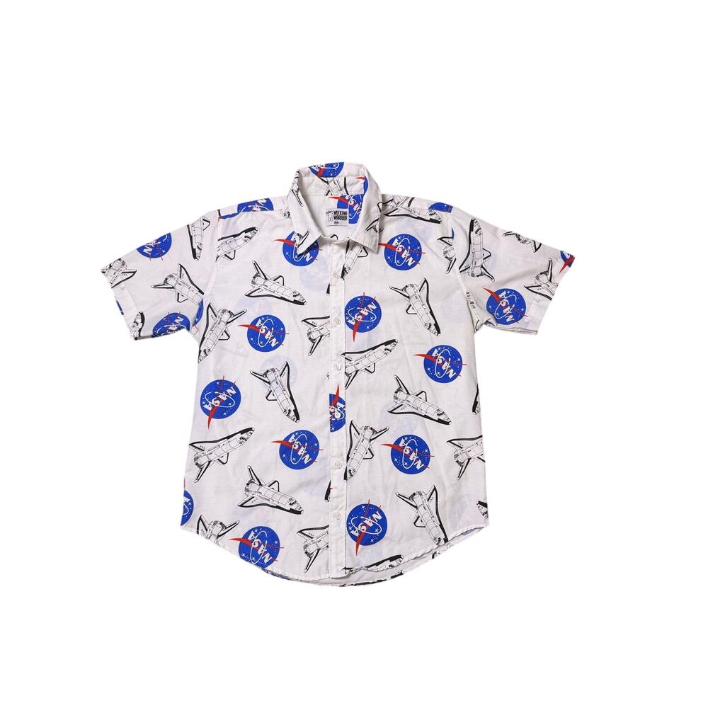 Weekend Warrior NASA Space Shuttle Print Short Sleeve Button Front Top